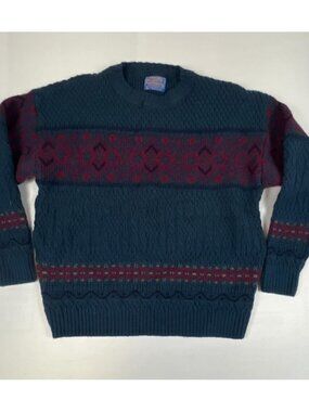 Vintage Pendleton Men L Blue Wool Fair Isle Crewneck Sweater Made in USA